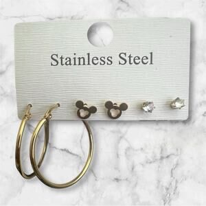Gold Tone Stainless Steel Mouse, Hoop And Stud Earrings. 3 Pairs In One